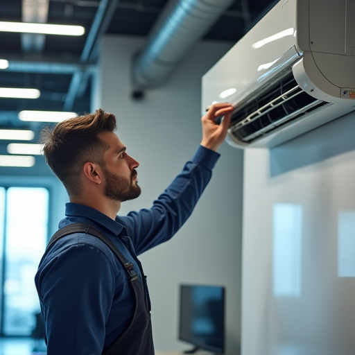 HVAC teknisyeni, modern bir ofiste klima ünitesi kurulumu yapıyor.