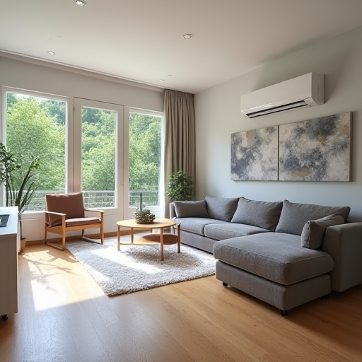 Modern bir oturma odası, bölmeli klima sistemi ile.