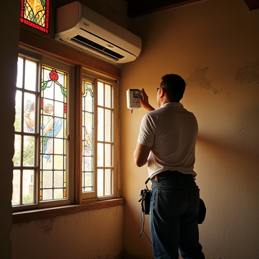 Klima teknisyeni, tarihi bir binada kanalsız mini split klima sistemi kurulumu yapıyor.