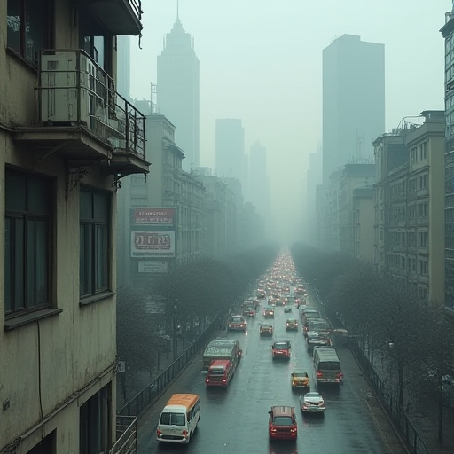 Yoğun trafikli ve hava kirliliğinin olduğu şehir manzarası.