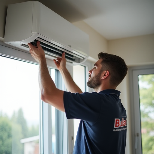 Bulat İklimlendirme'den bir teknisyen, modern bir dubleks evde bir klima ünitesi kurulumu yapıyor.