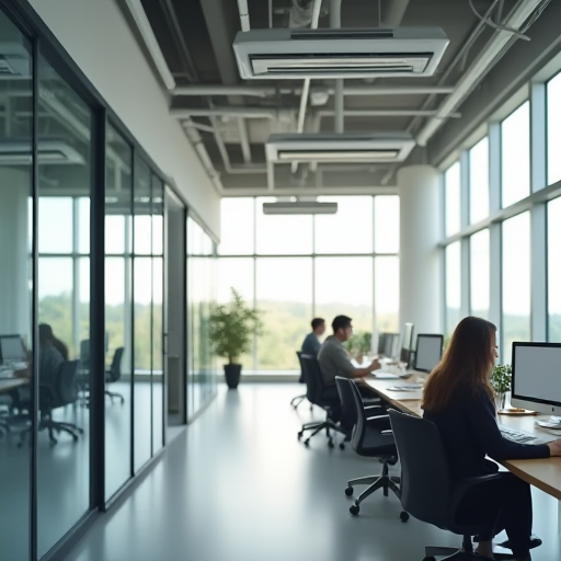 Modern bir ofiste, stratejik olarak konumlandırılmış klima üniteleri.