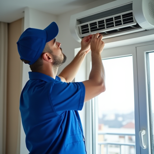 İstanbul'daki bir apartman dairesinde, bir teknisyen klima ünitesini kontrol ediyor.