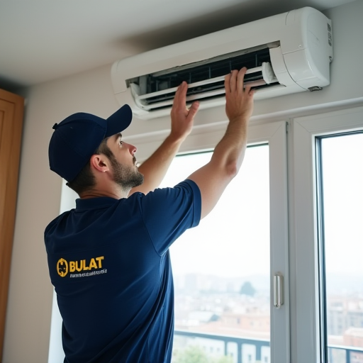 Modern bir apartmanda klima ünitesi montajı yapan bir teknisyen.