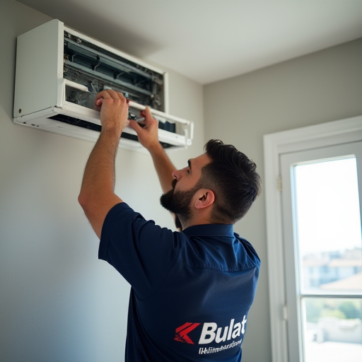 Modern bir evde iklimlendirme sistemi kurulumu yapan bir teknisyen.