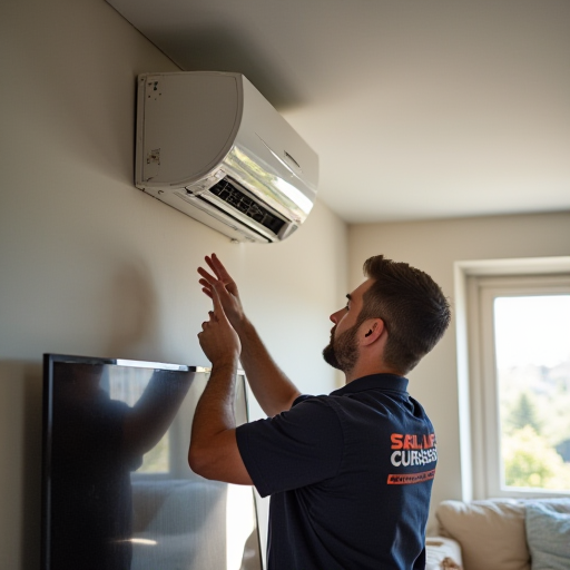 Teknisyen, arızalı bir klima ünitesini kontrol ediyor.