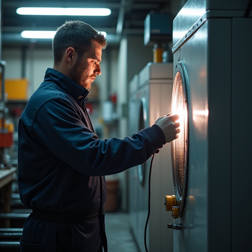 Bir teknisyenin bir kazanı kontrol etmesi.