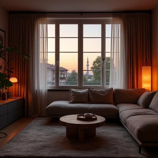 İstanbul'da bulunan, karartma perdeleri ve açık pencereleriyle rahat bir oturma odası.