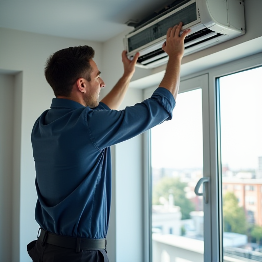 HVAC teknisyeni, bir klima ünitesi takıyor.