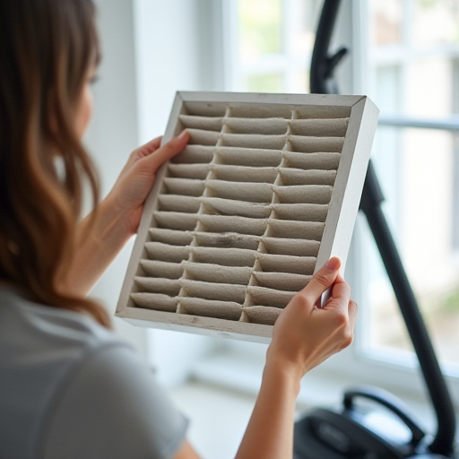 Bir kişinin, bir vakum temizleyici ile klima filtresini temizlediği.