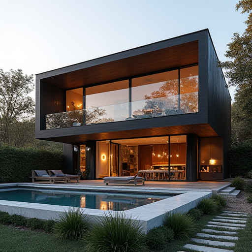 Beykoz'da, büyük pencerelere sahip modern bir villa.