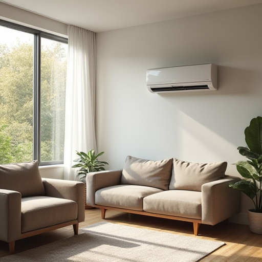 Modern bir oturma odasında, uygun boyutlarda bir klima ünitesi.