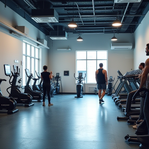 Modern klima ünitelerine sahip bir spor salonunda egzersiz yapan insanlar.