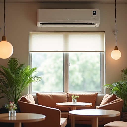 Rahat oturma alanları ve modern bir klima ünitesi bulunan kafe.