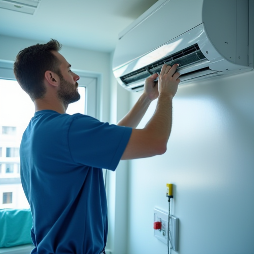 Bir HVAC teknisyeni, bir klinikte klima montajı yapıyor.