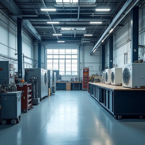 Modern, iklim kontrollü ünitelerle donatılmış endüstriyel atölye.