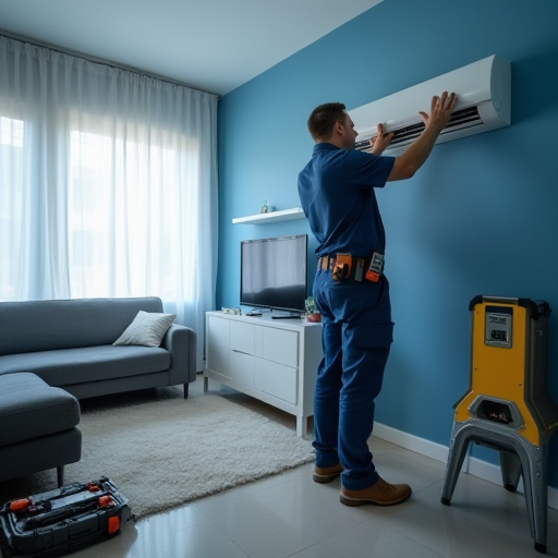 Bir teknisyen, klima ünitesini kontrol ediyor.