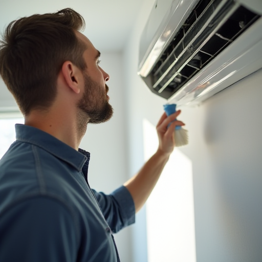 Bir teknisyen, klima cihazını temizliyor.
