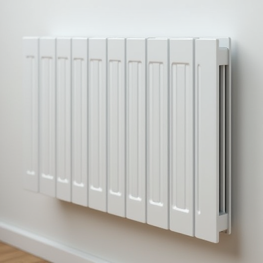 Açık renkli bir duvarın önünde bulunan, modern radyatör paneli, verimli ısı dağılımı için bir boşluğa sahip.