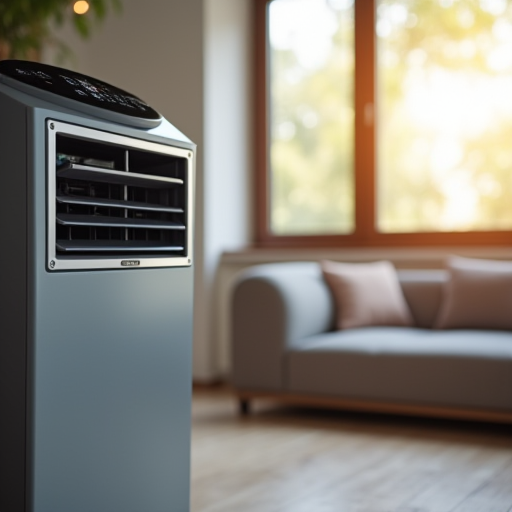 Oturma odası ortamında yer alan modern bir klima.