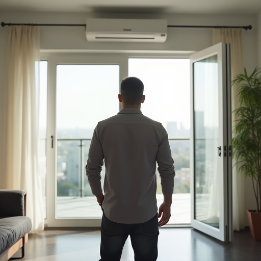 Klima açık olan bir pencerenin önünde duran, şaşkın bir ifadeyle bakıyor.