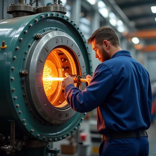 Bir teknisyenin, bir yakma kazanını kontrol etmesi.