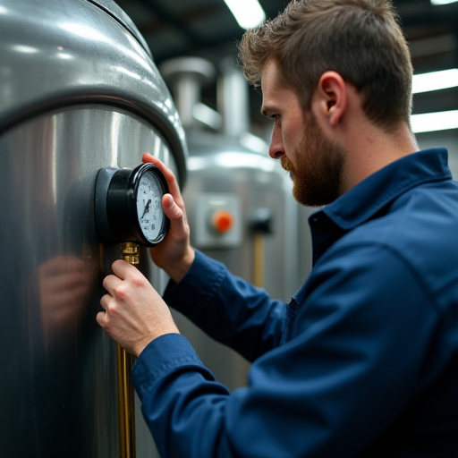 Teknisyen, kazan basınç göstergesini kontrol ediyor.