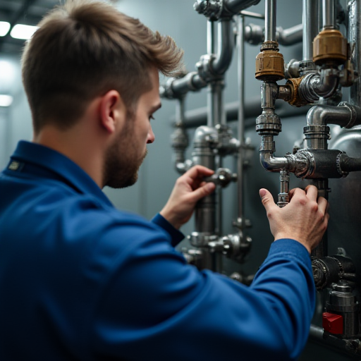 Bir teknisyen, bir kazanın bakımını yapıyor.