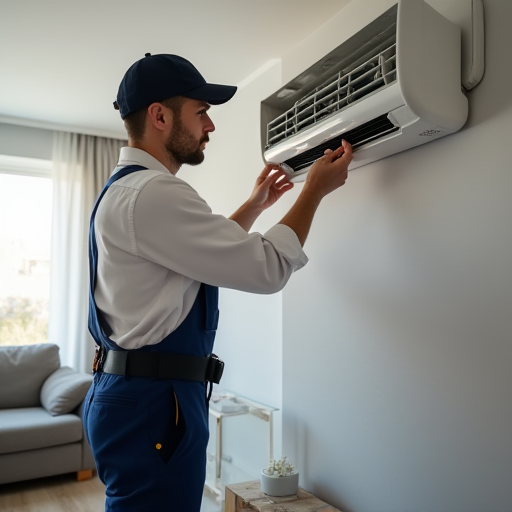 Modern bir oturma odasında, bir teknisyen klima filtresini temizliyor.