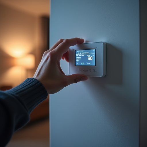 Modern bir ev ortamında, bir kişinin duvara monte edilmiş, programlanabilir bir termostatı ayarladığı bir görüntü.