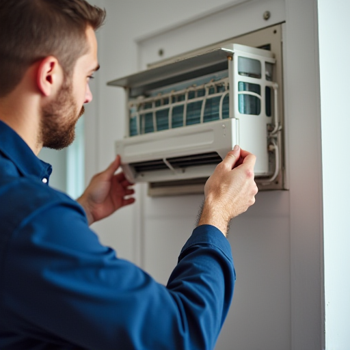 Bir teknisyen, bir klima ünitesini kontrol ediyor.