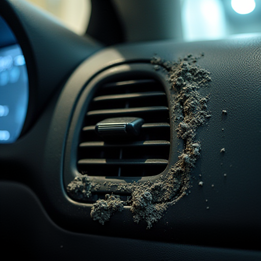 Bir otomobilin klima havalandırma ızgarasının yakın çekimi, üzerinde görülebilir kir ve küf oluşumu.