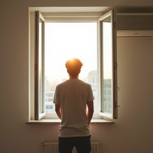 Açık bir pencerenin yanında, bir klima ünitesi bulunan bir kişi.