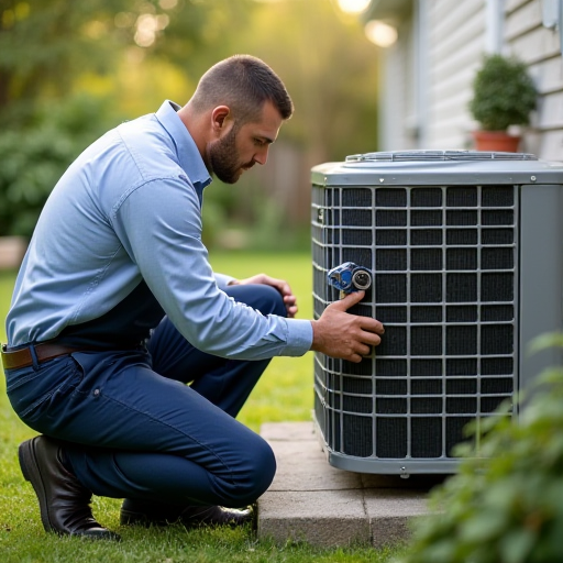 Teknisyen, dış ortamdaki klima ünitesini kontrol ediyor.