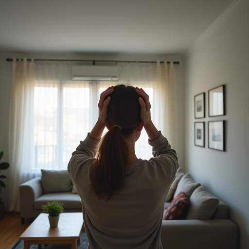 Modern bir oturma odasında baş ağrısı çeken bir kişi.