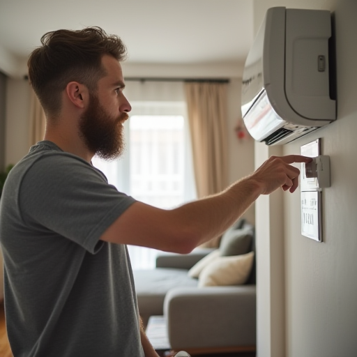 Bir adamın, bir klima sisteminin termostatını ayarladığı bir görüntü.