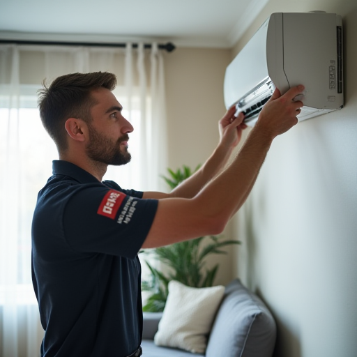 Modern bir evdeki klima ünitesini kontrol eden bir teknisyen.