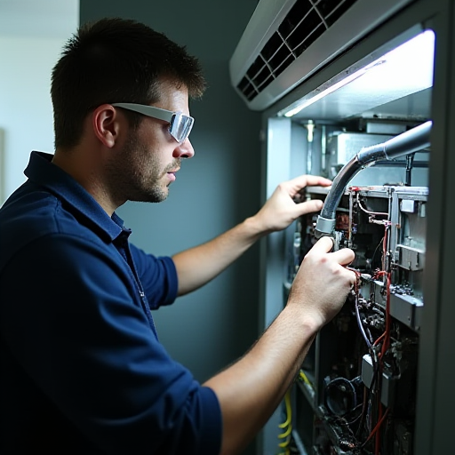 Bir teknisyen, bir klima sisteminin üzerinde çalışıyor.