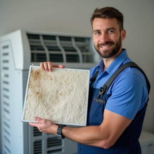 Teknisyen, kirli bir hava filtresi tutuyor.