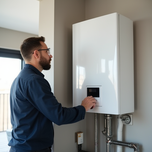 HVAC teknisyeni, bir yoğuşmalı kazan montajı yapıyor.