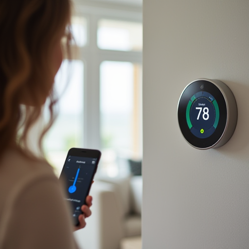 Bir kişinin, akıllı bir termostatın sıcaklık ayarlarını değiştirmek için bir akıllı telefon kullandığı bir görüntü.