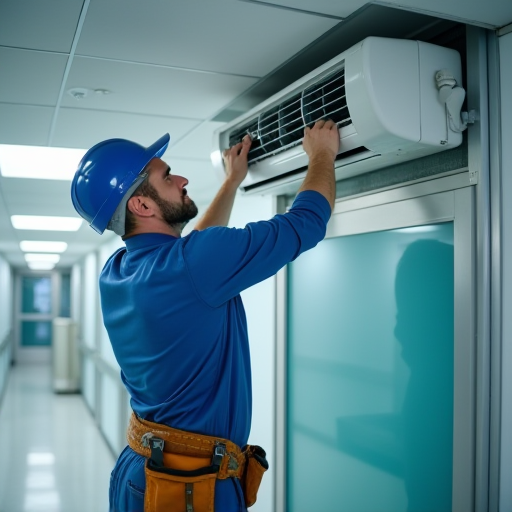 Bir teknisyen, bir klima ünitesi üzerinde çalışıyor.