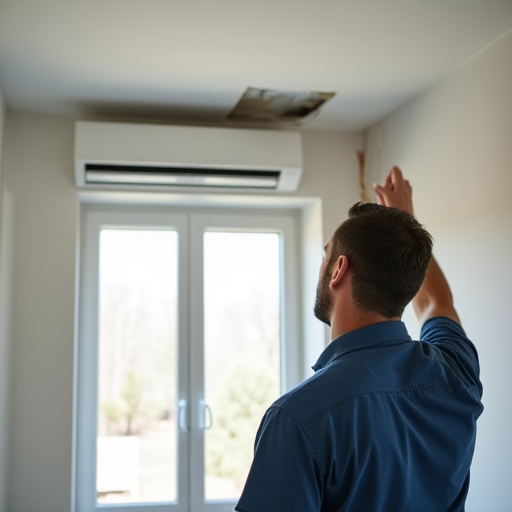 Bir teknisyen, bir odayı split klima (duvar tipi klima) kurulumu için değerlendiriyor.