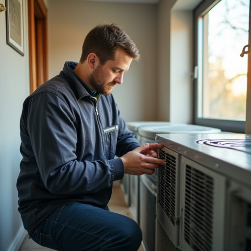 Bir teknisyen, bir klima ünitesini kontrol ediyor.