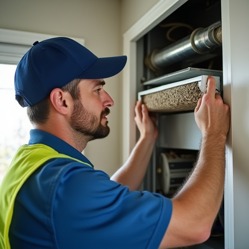 Bir teknisyen, bir konut havalandırma sistemindeki kirli bir hava filtresini kontrol ediyor.