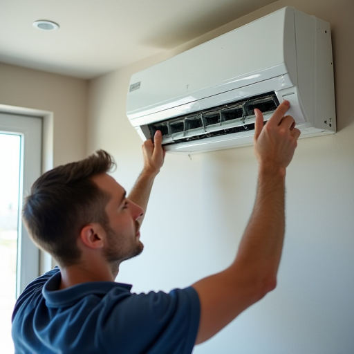 Modern bir evde bir teknisyenin klima ünitesi kurulumu yaptığı.