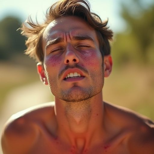 Açık havada, sıcak çarpması belirtileri gösteren bir kişi.