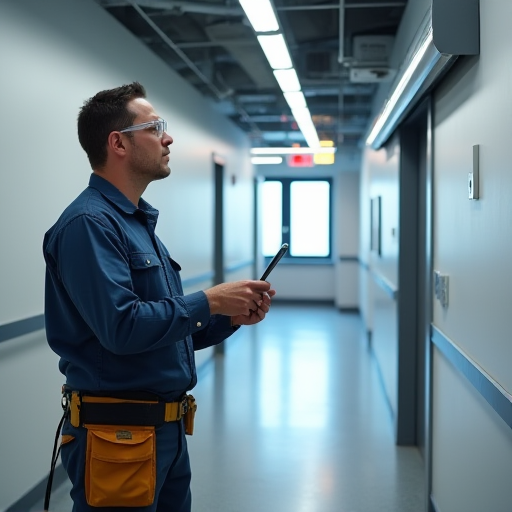 Bir teknik personelin, bir ticari binadaki hava perdesini kontrol etmesi.