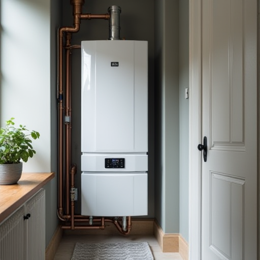 Evdeki bir hizmet odasında bulunan modern kazan.