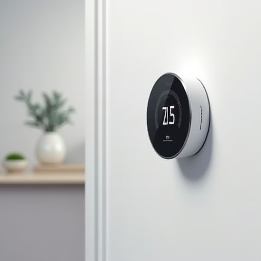 Beyaz bir duvarda bulunan, dijital bir ekranla sıcaklık ayarlarını gösteren modern bir termostat.